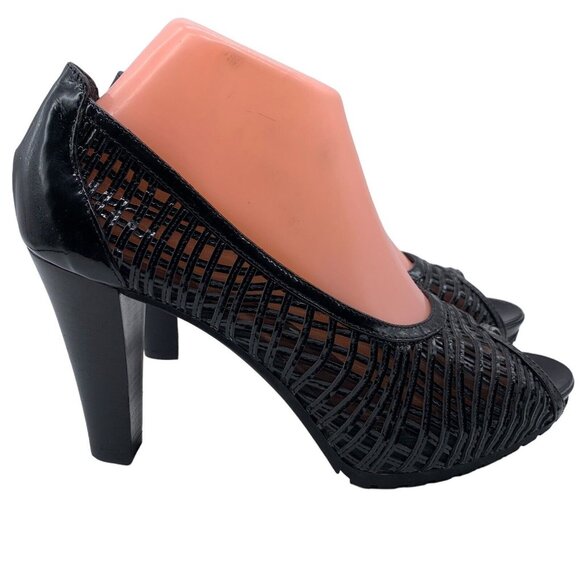 Aquatalia Heels Peep Toe Pumps Laser Cut Out Black Patent Leather Women’s Sz 9. - Picture 3 of 12